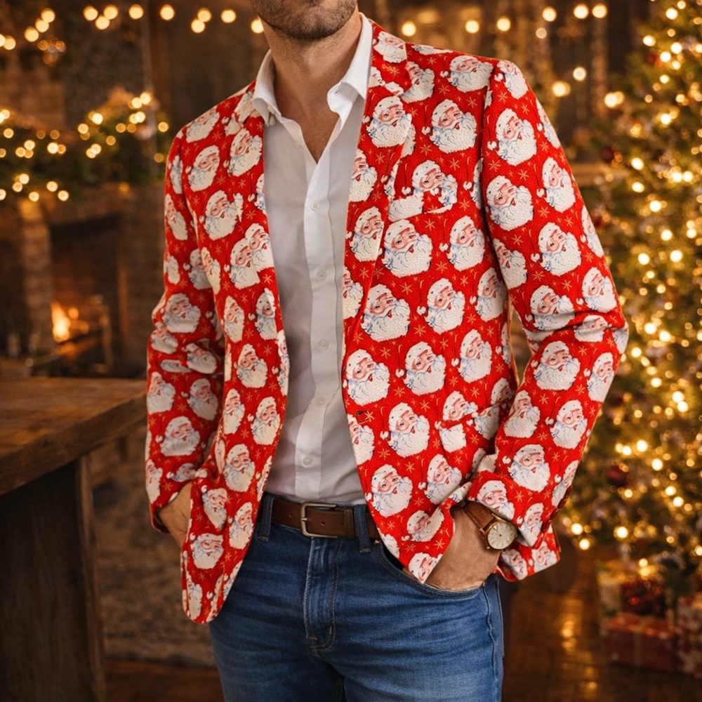 Suslo Couture Santa Blazer Mens 38 Slim Christmas Jacket Holiday Party Red
